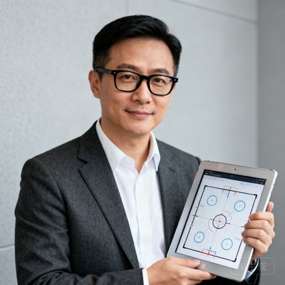 内容总监林默，资深战术博主，戴眼镜，手持平板显示战术图