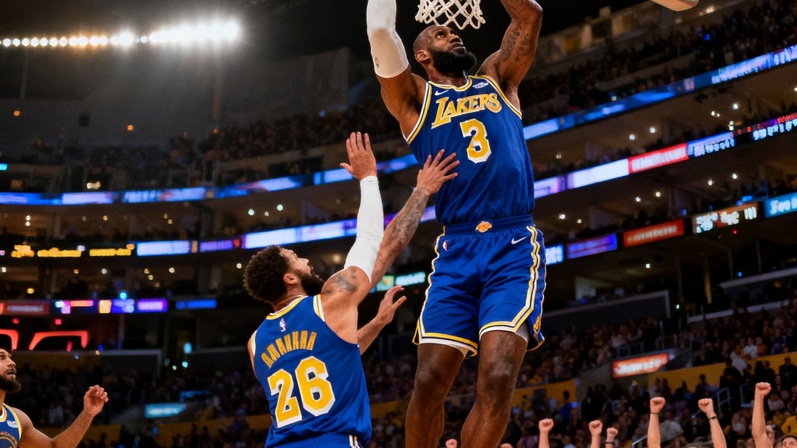 NBA常规赛湖人队勒布朗·詹姆斯隔扣对手，斯台普斯中心灯光璀璨，球迷起立欢呼
